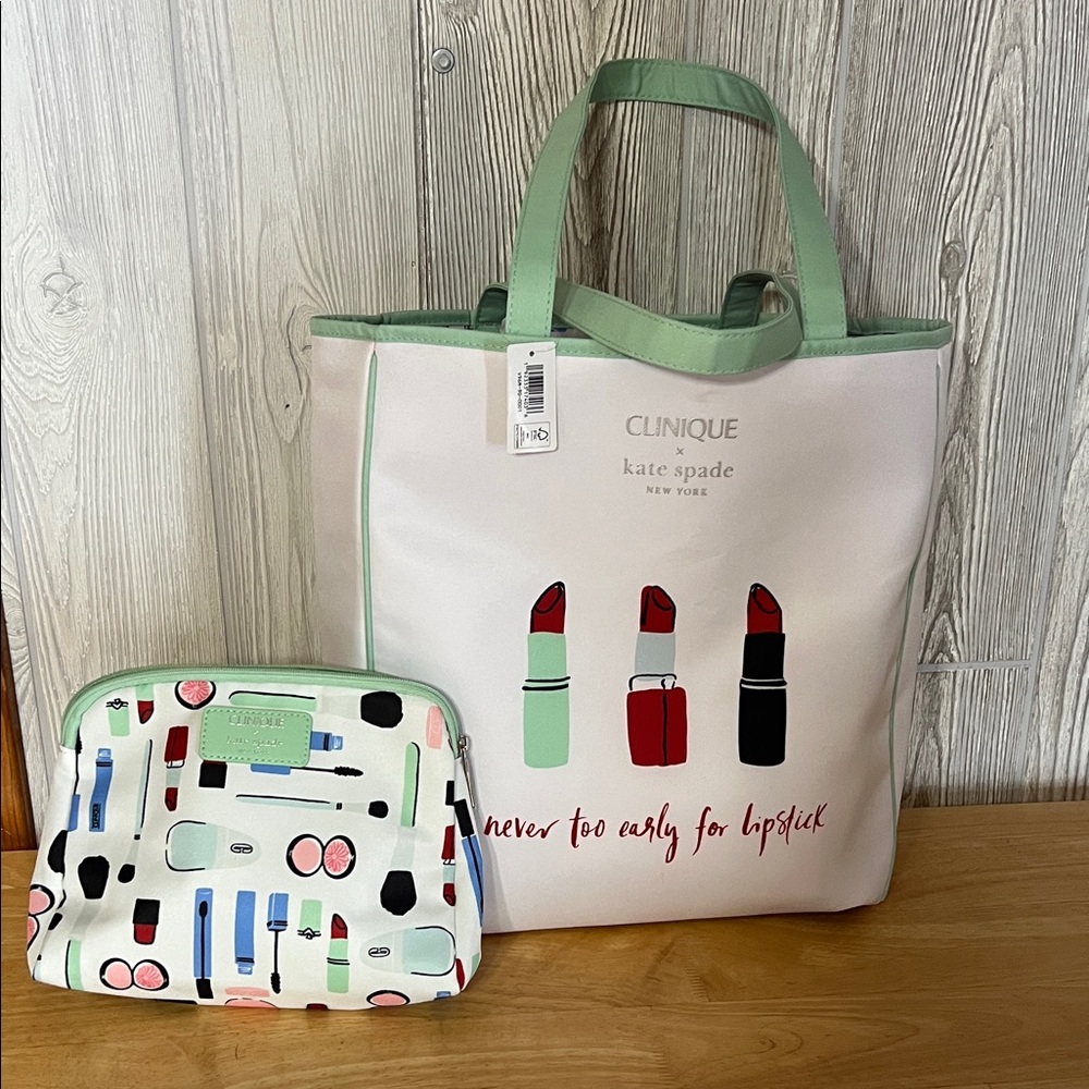 Kate Spade Clinique Lipstick Print Tote in White and Green